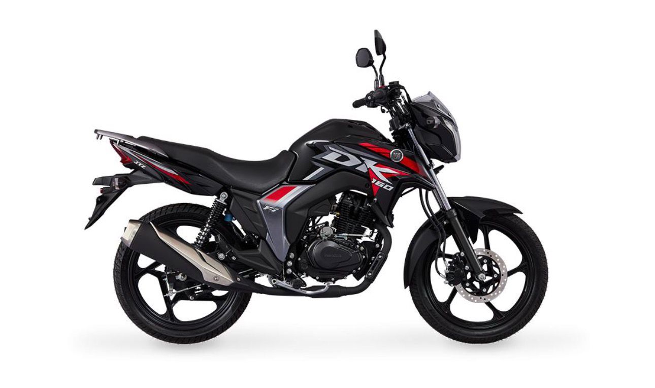 Moto DK 160 preta com detalhes vermelhos