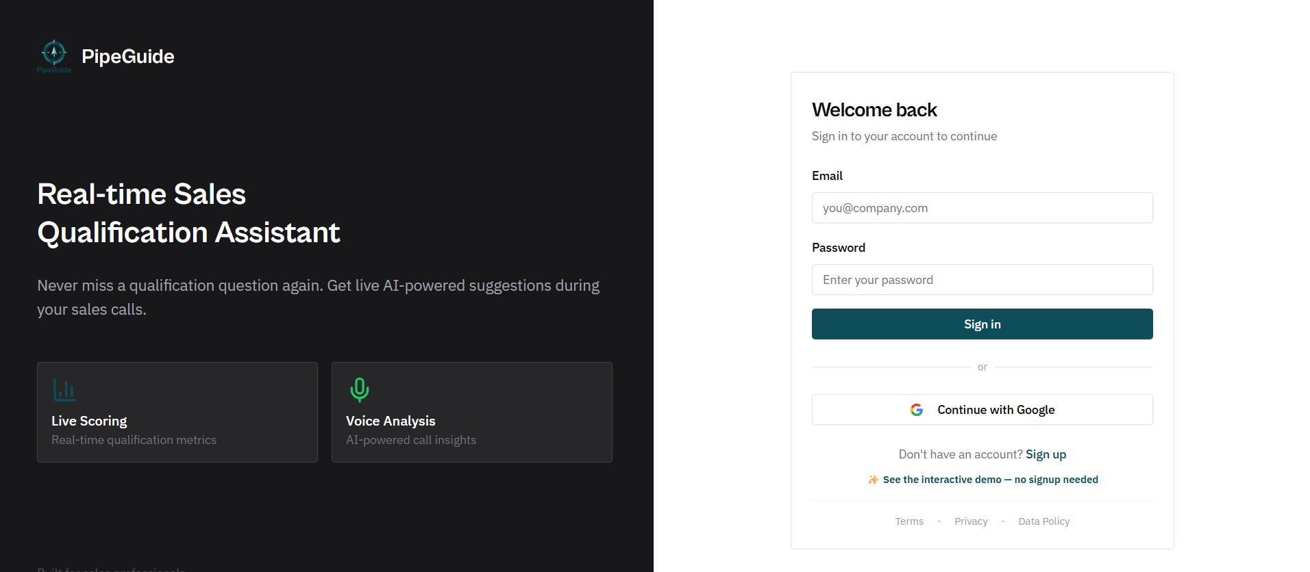 PipeGuide — the real-time sales qualification assistant. Live scoring and voice analysis dashboard.