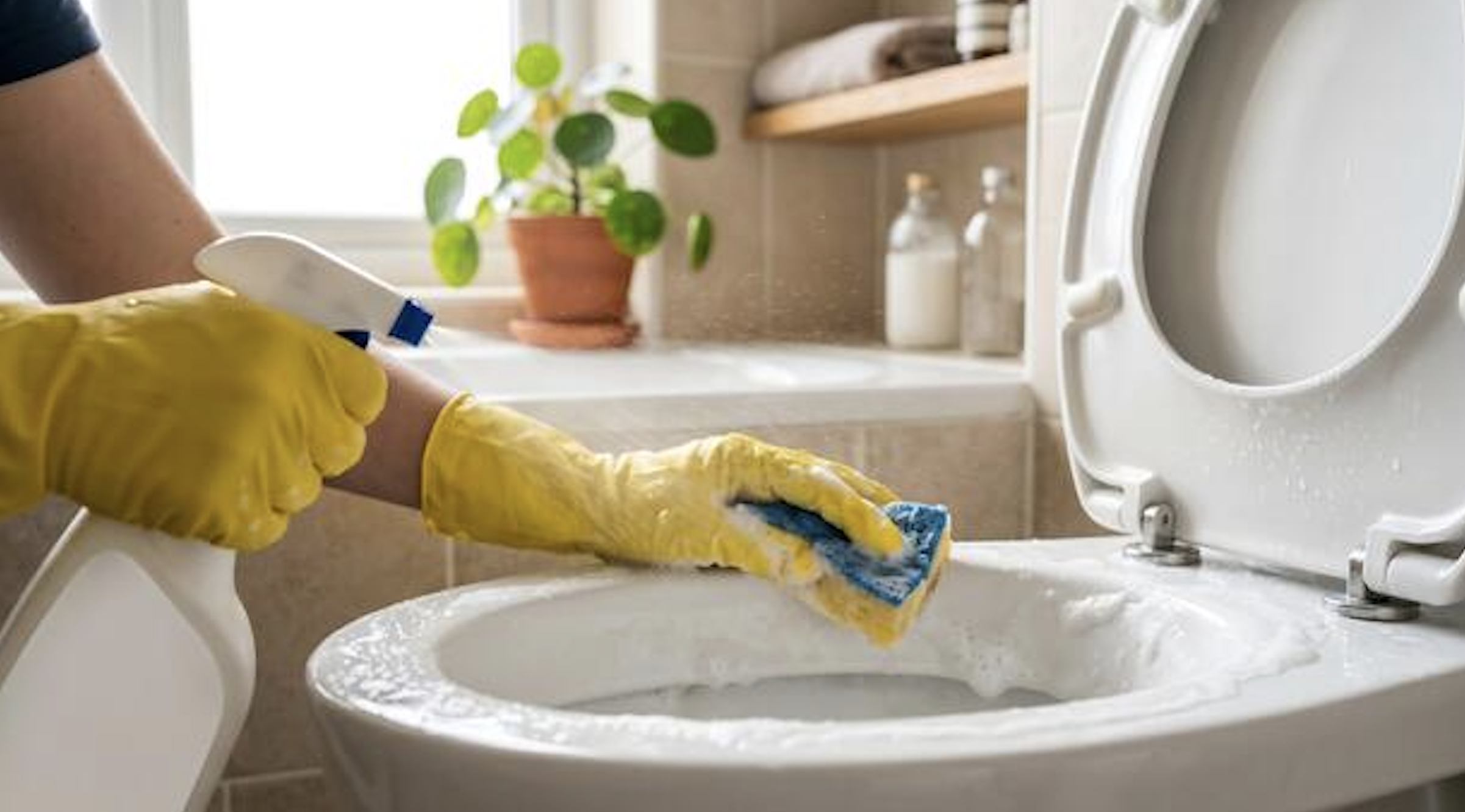 Gloved hand scrubbing a clean white toilet bowl with a sponge in a bright residential bathroom