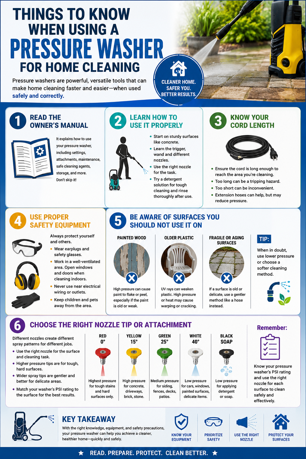 Things to Know When Using a Pressure Washer for Home Cleaning — 6-step safety infographic covering manual reading, proper use, cord length, safety equipment, surfaces to avoid, and the 0/15/25/40-degree nozzle color guide
