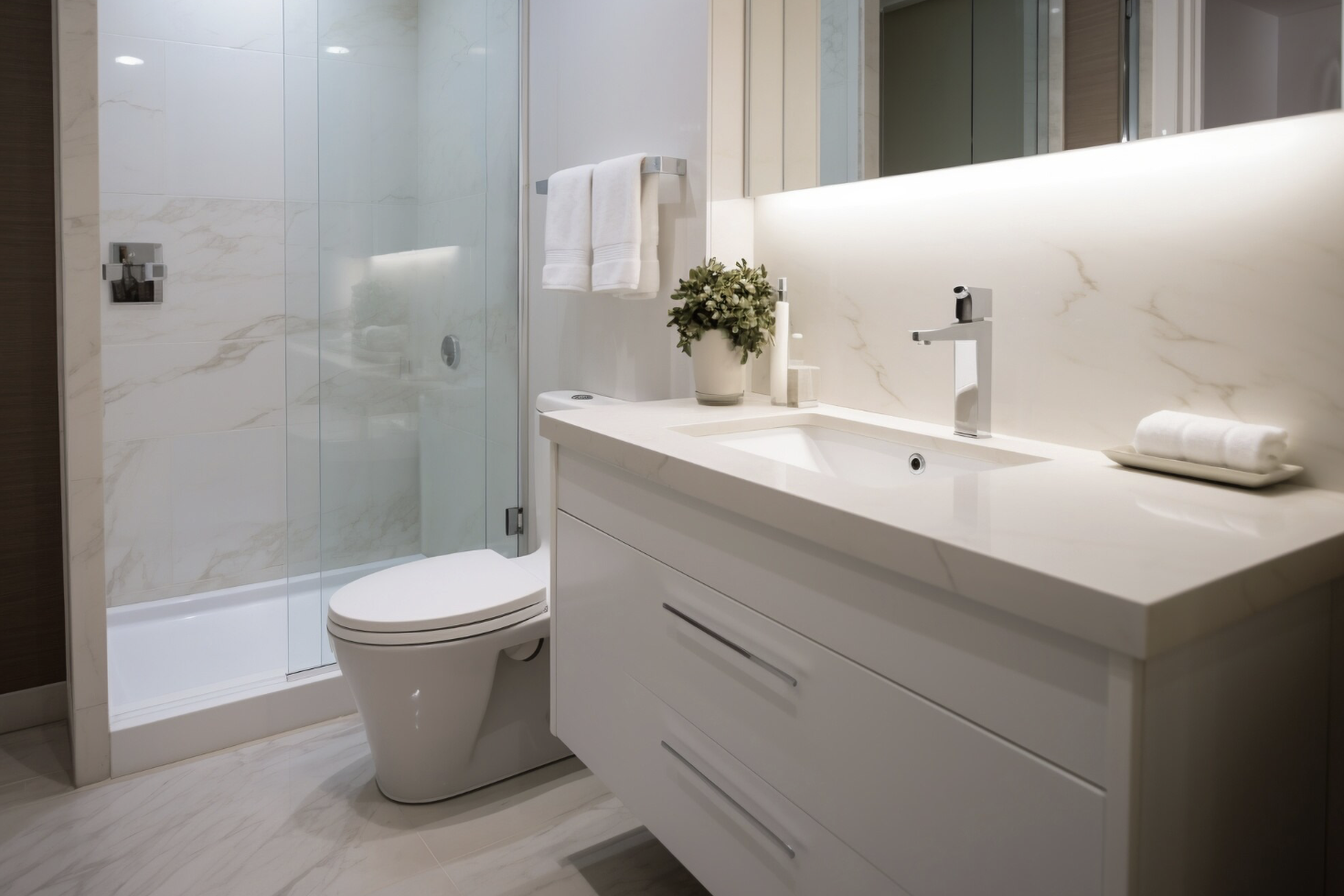 Modern multi-stall commercial restroom with travertine walls and a row of urinals
