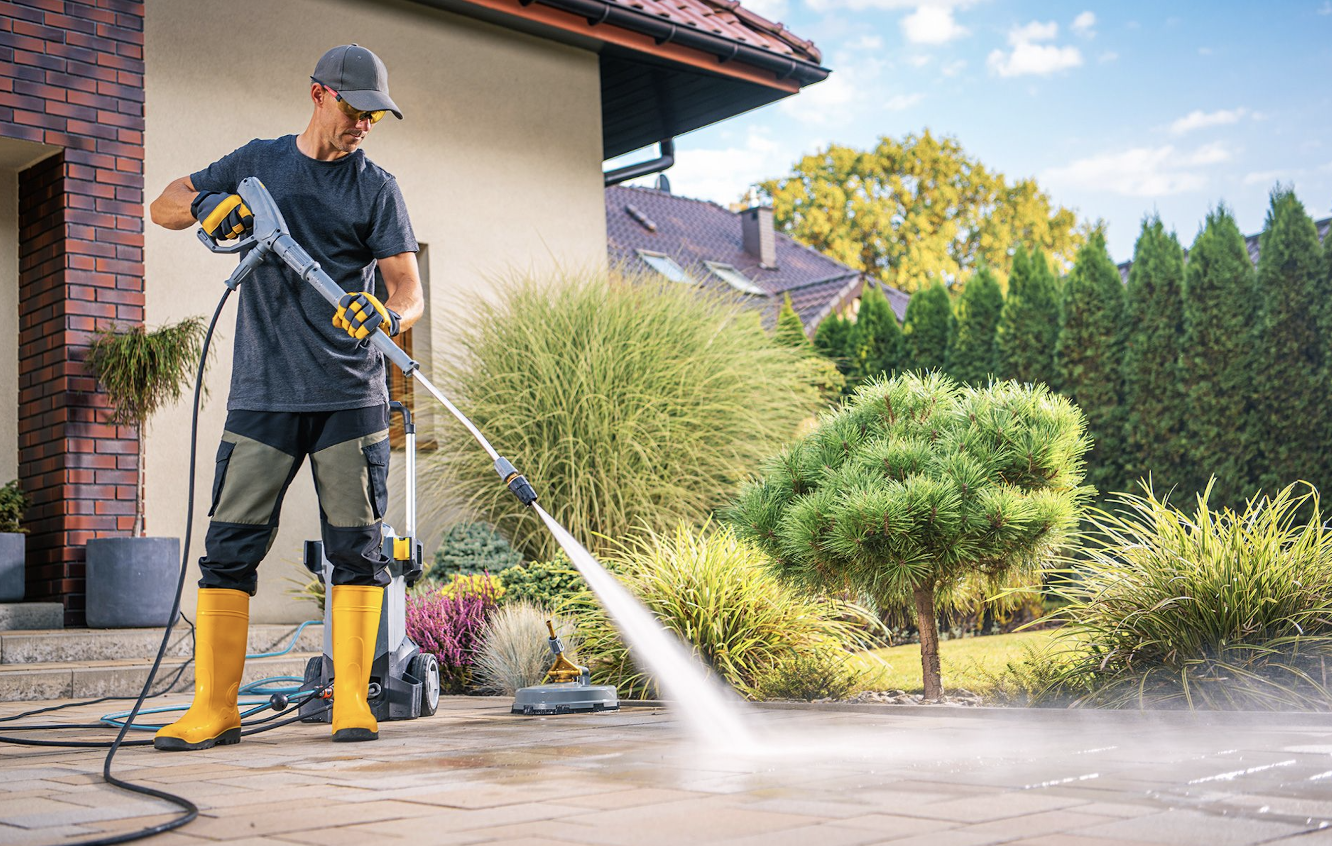 Homeowner in safety gear pressure washing a paver driveway in front of a brick home