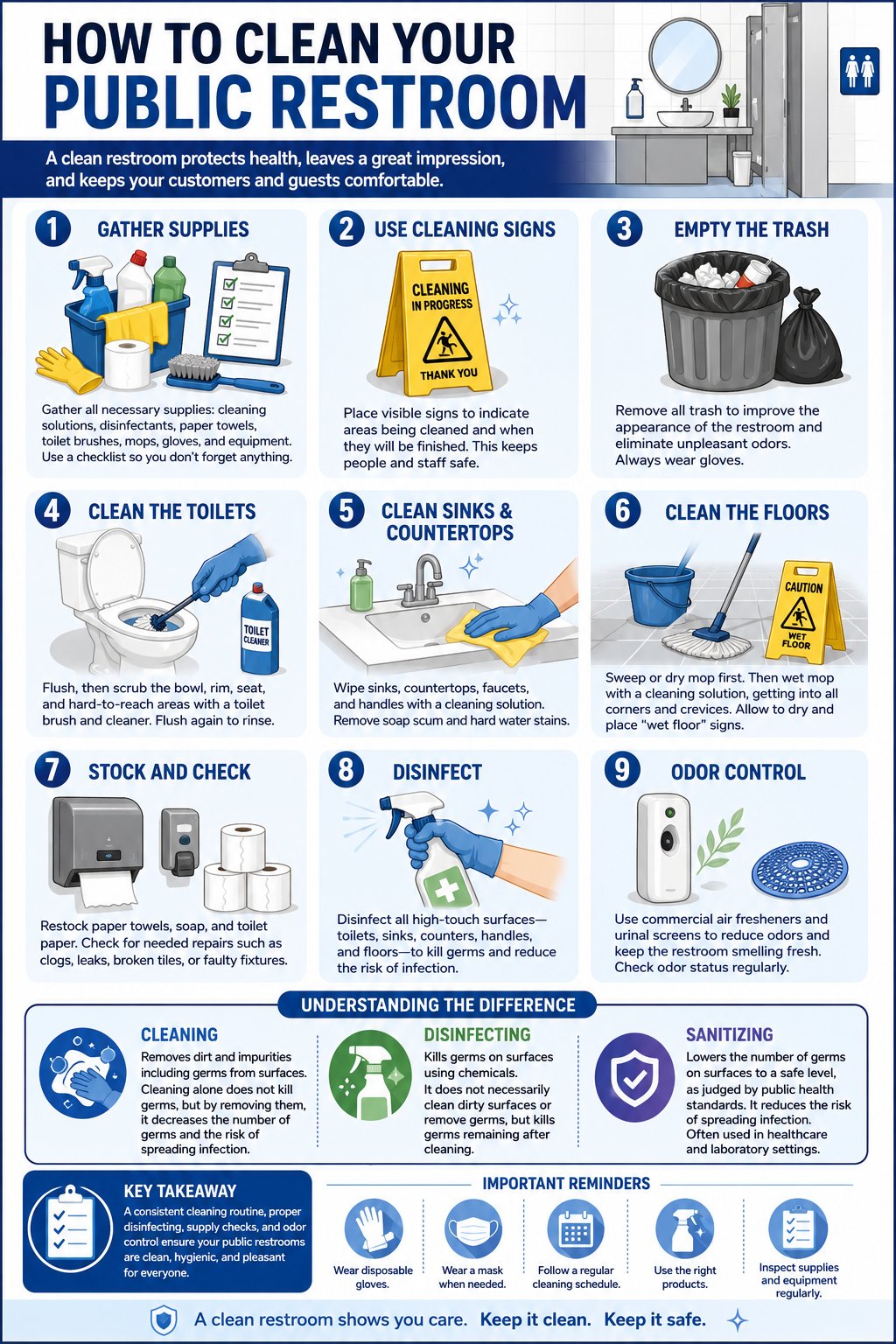 How to Clean Your Public Restroom — 9-step infographic covering supplies, signs, trash, toilets, sinks, floors, stocking, disinfecting, and odor control plus the difference between cleaning, disinfecting, and sanitizing