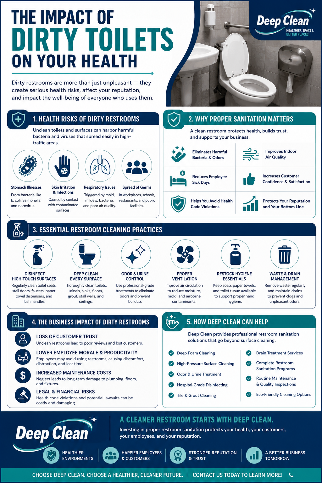 The Impact of Dirty Toilets on Your Health — Deep Clean infographic covering health risks (E. coli, Salmonella, norovirus, mold), why proper sanitation matters, essential restroom cleaning practices, the business impact of dirty restrooms, and how Deep Clean's commercial sanitation services help Bradenton and Sarasota businesses