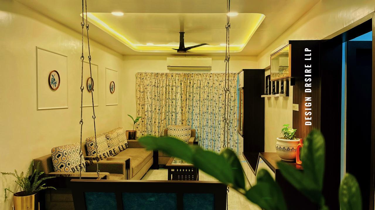 Long living view — swing seating, TV console & display niches