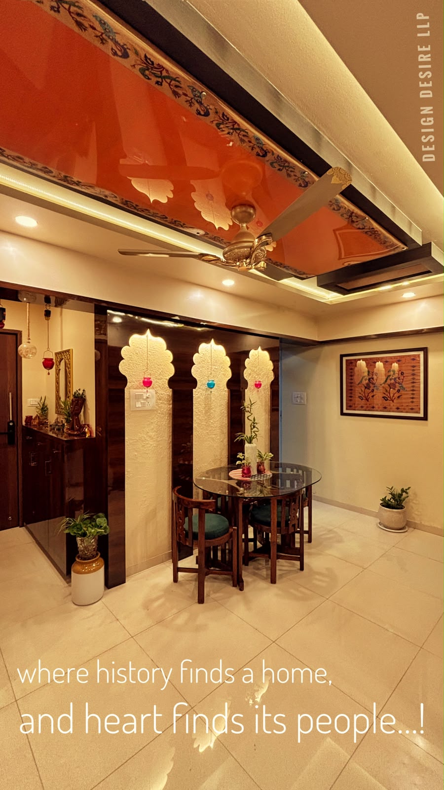 Dining — mirrored ceiling border, jharokha niches & Rajasthani lanterns