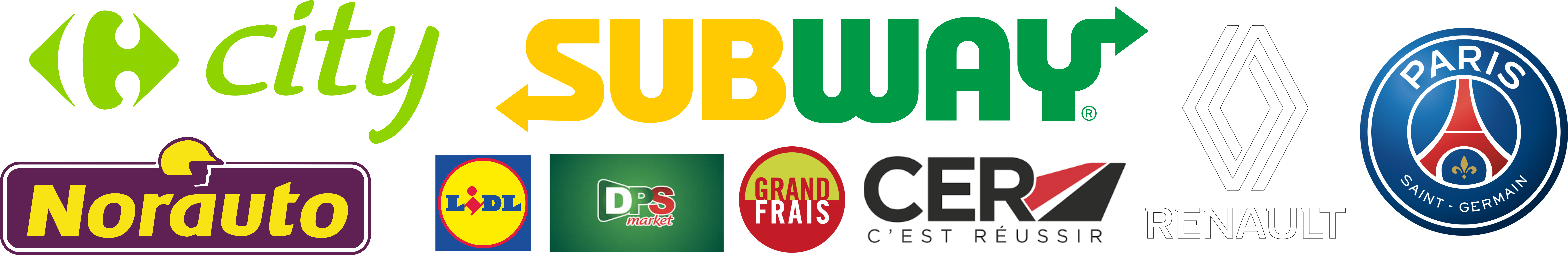 Enseignes réalisées pour Carrefour City, Subway, Renault, Norauto, Lidl, Grand Frais
