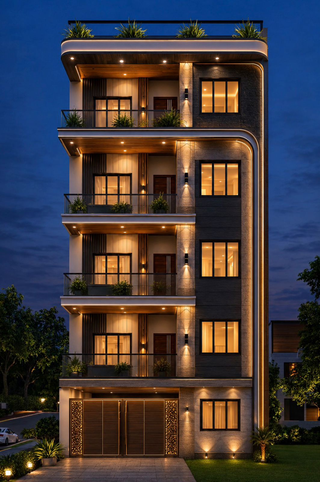Devraj Palace facade at dusk