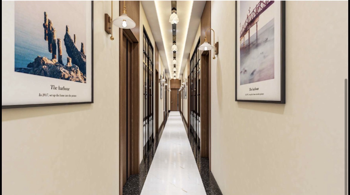Gallery corridor with framed art