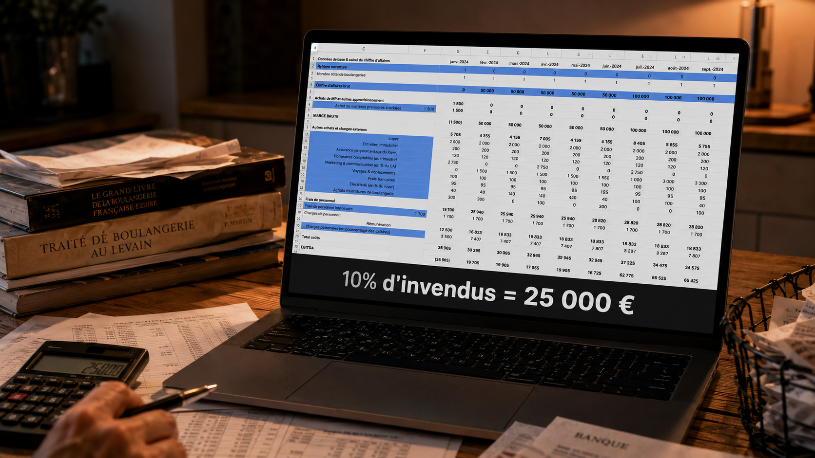 Ordinateur affichant un tableau Excel d'analyse de marge — 10 % d'invendus représentent 25 000 € par an