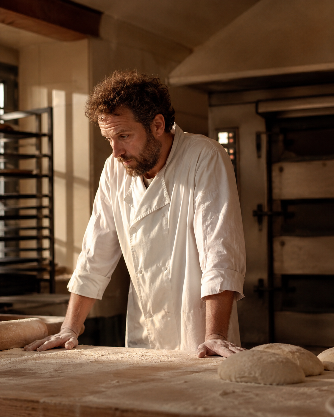 Artisan boulanger concentré dans son fournil, devant son four et ses pâtons