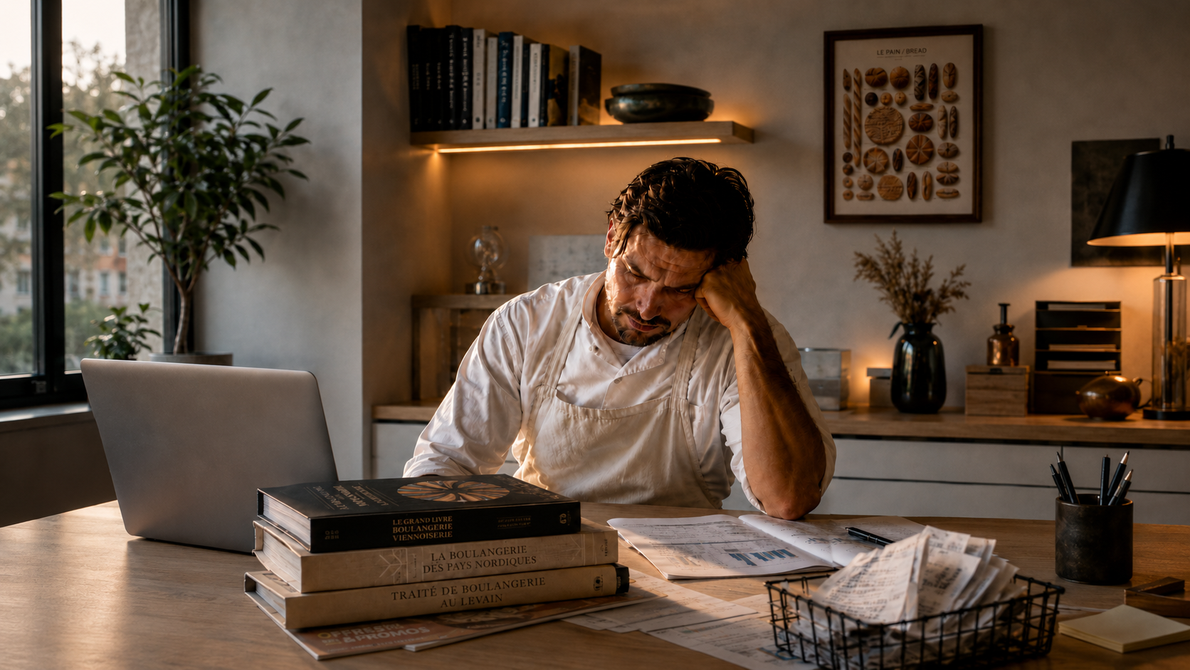 Artisan boulanger pensif devant son ordinateur, ses livres et ses chiffres, atmosphère sereine et professionnelle