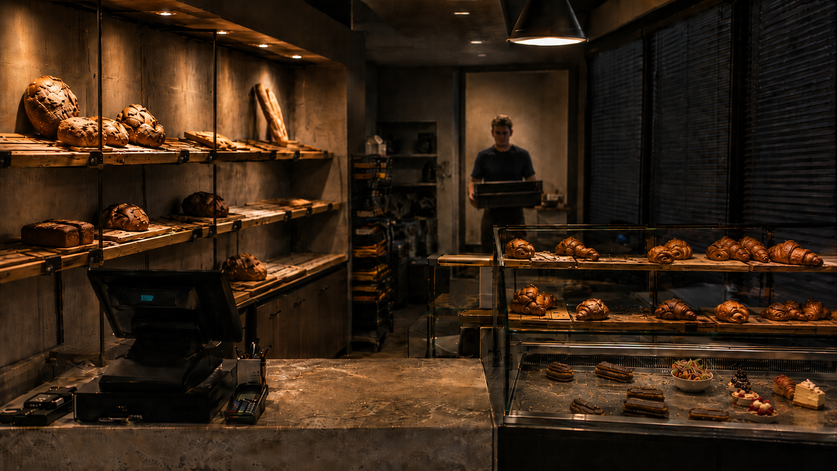 Boulangerie en fin de journée — étagères qui se vident et bac à invendus discret au comptoir
