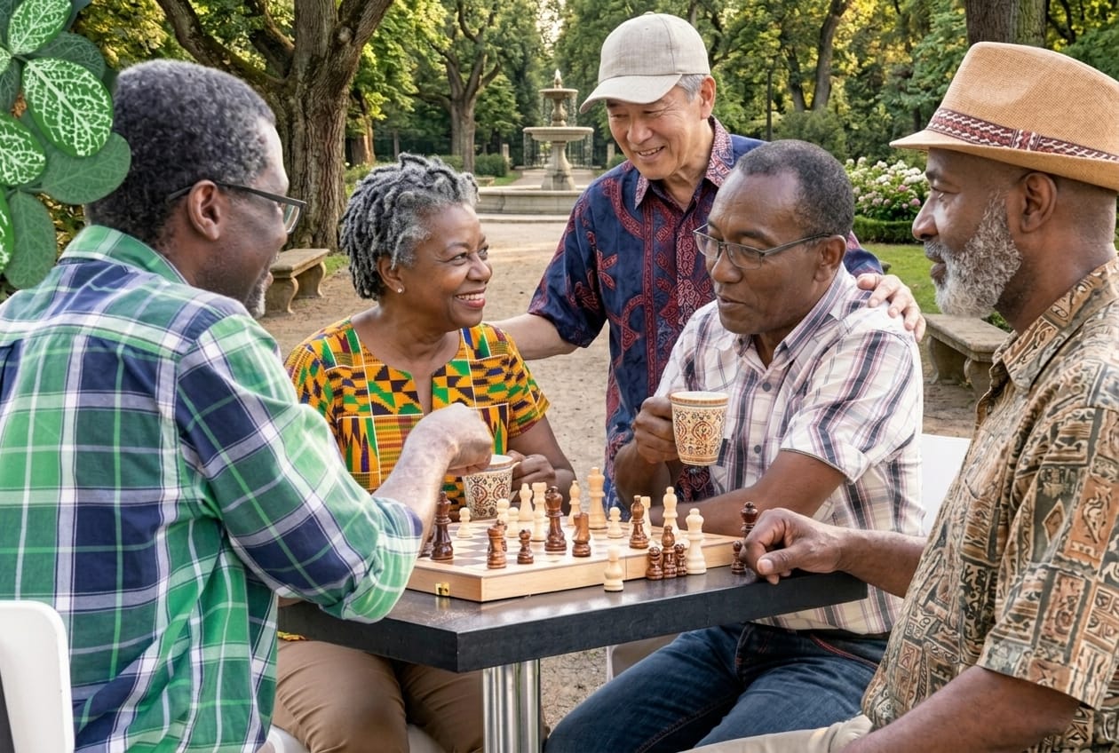 A group of senior friends playing chess and sharing conversation in a park