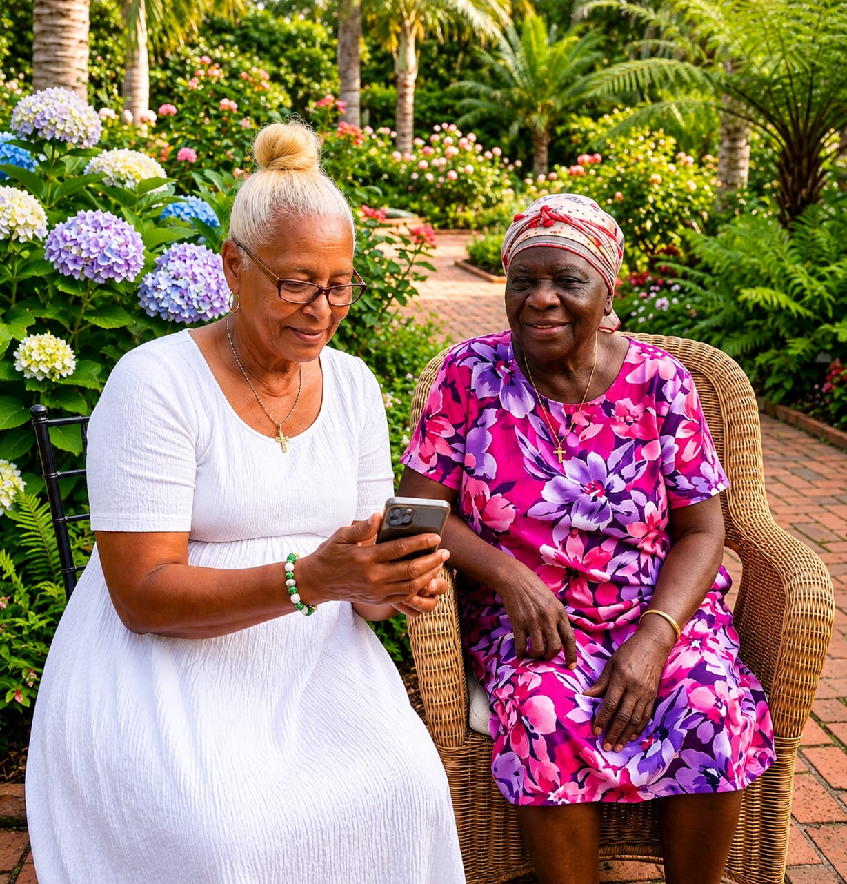 Two senior women enjoying a joyful moment in a tropical Jamaican garden