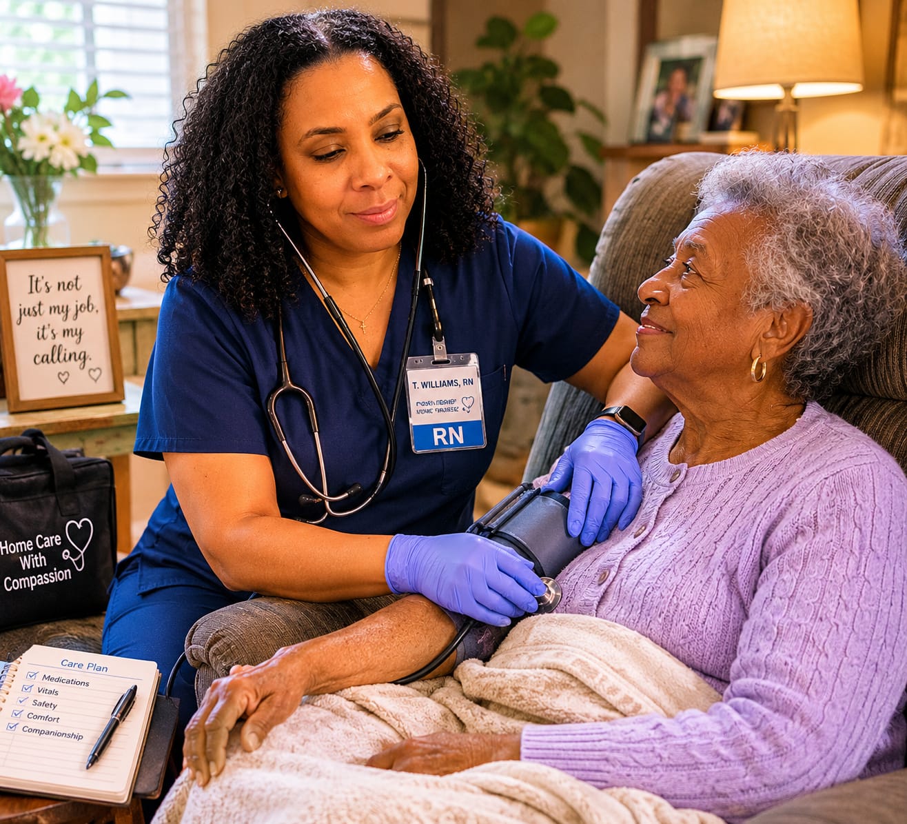 Certified RN caregiver providing compassionate in-home care to a senior woman