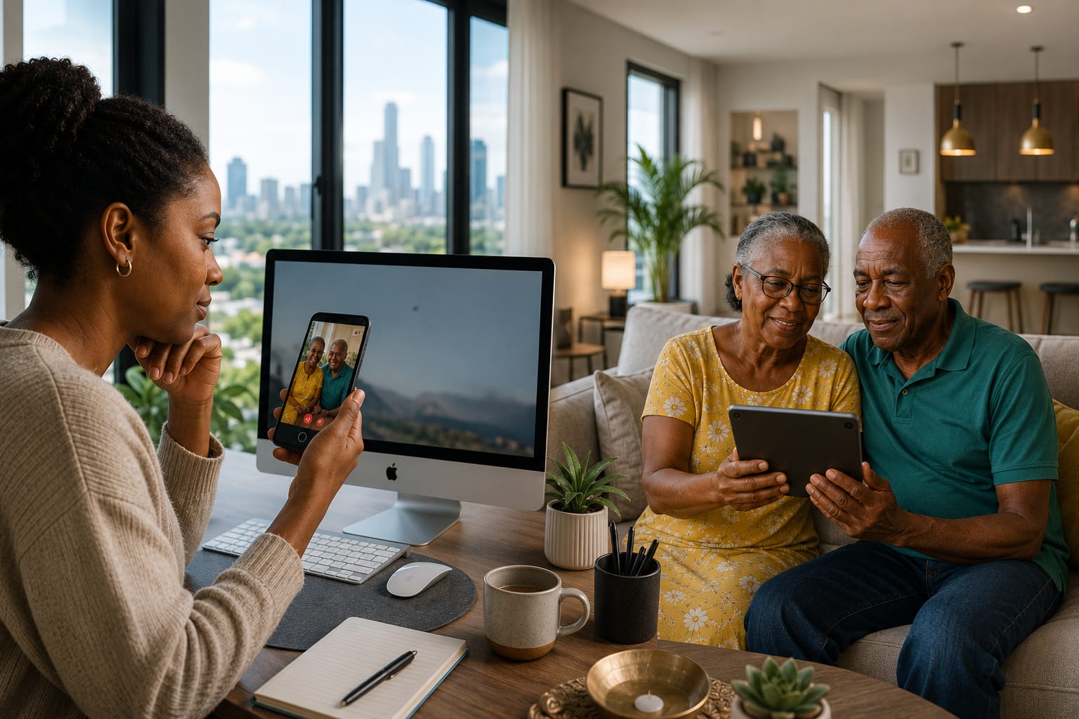 Adult daughter on a video call with her senior parents at home, staying connected across the diaspora