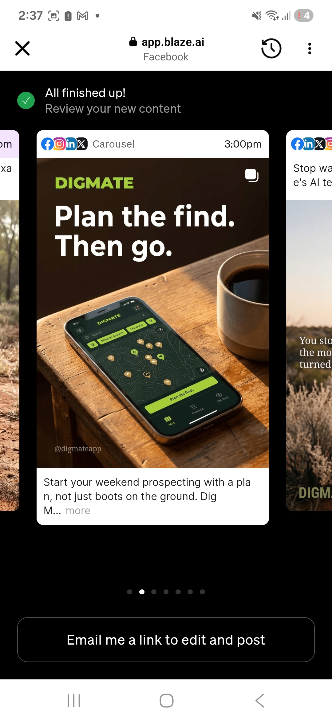 DigMate app showing terrain analysis for gold prospecting location selection