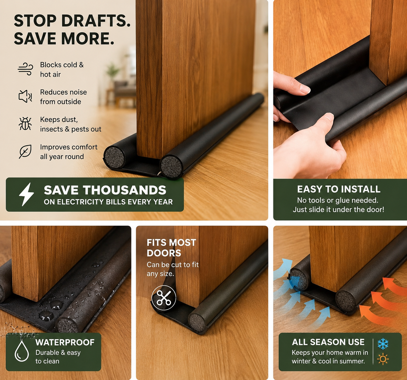 Stop drafts, save more — waterproof, all-season use, fits most doors, easy to install
