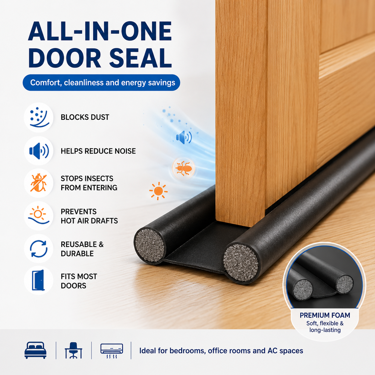 All-in-one door seal — blocks dust, reduces noise, stops insects, prevents drafts, reusable, fits most doors