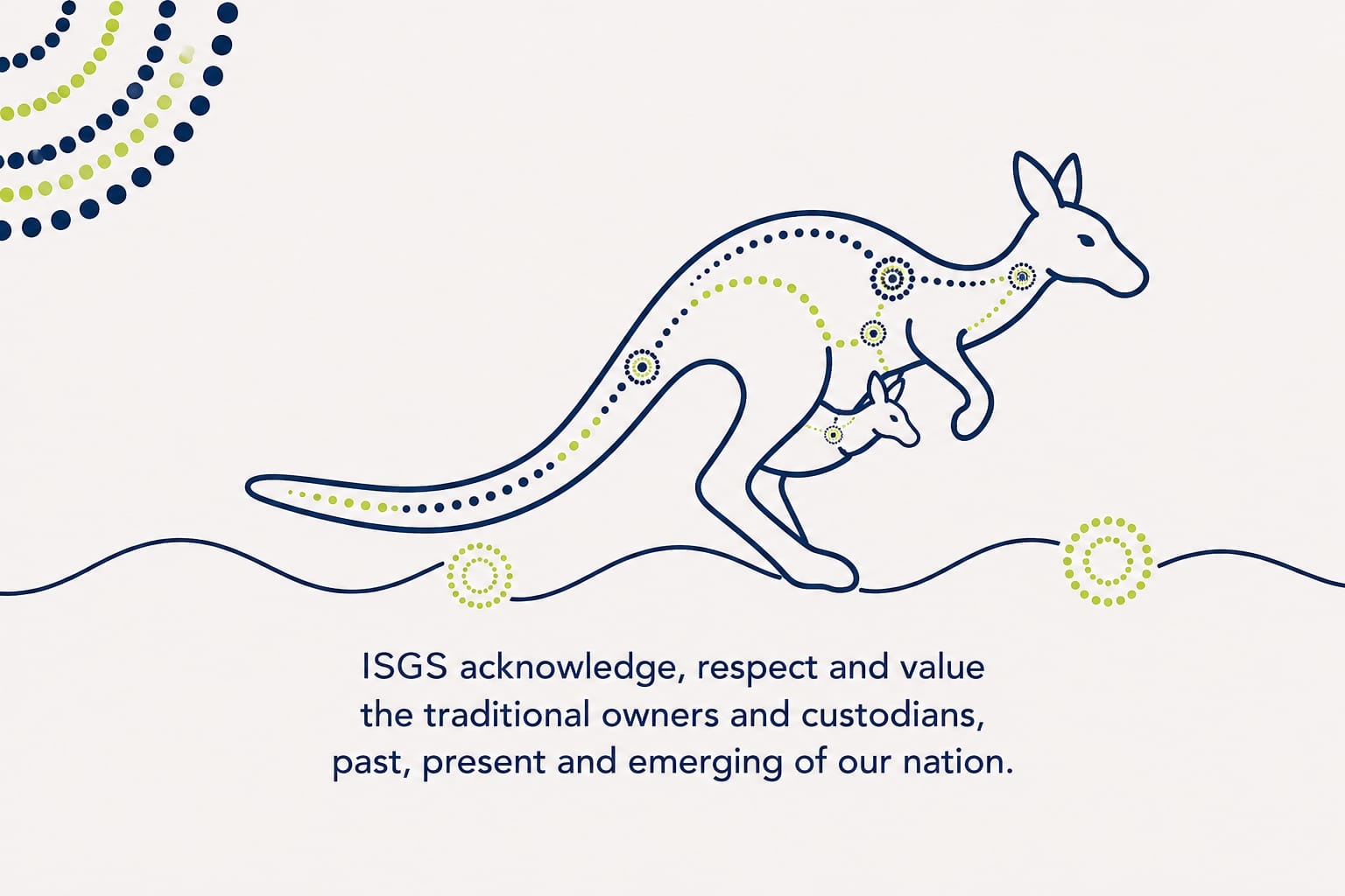 ISGS Acknowledgement of Country — Aboriginal-style line illustration of a kangaroo with a joey, with dot-art motifs in navy and lime green. Text reads: ISGS acknowledge, respect and value the traditional owners and custodians, past, present and emerging of our nation.