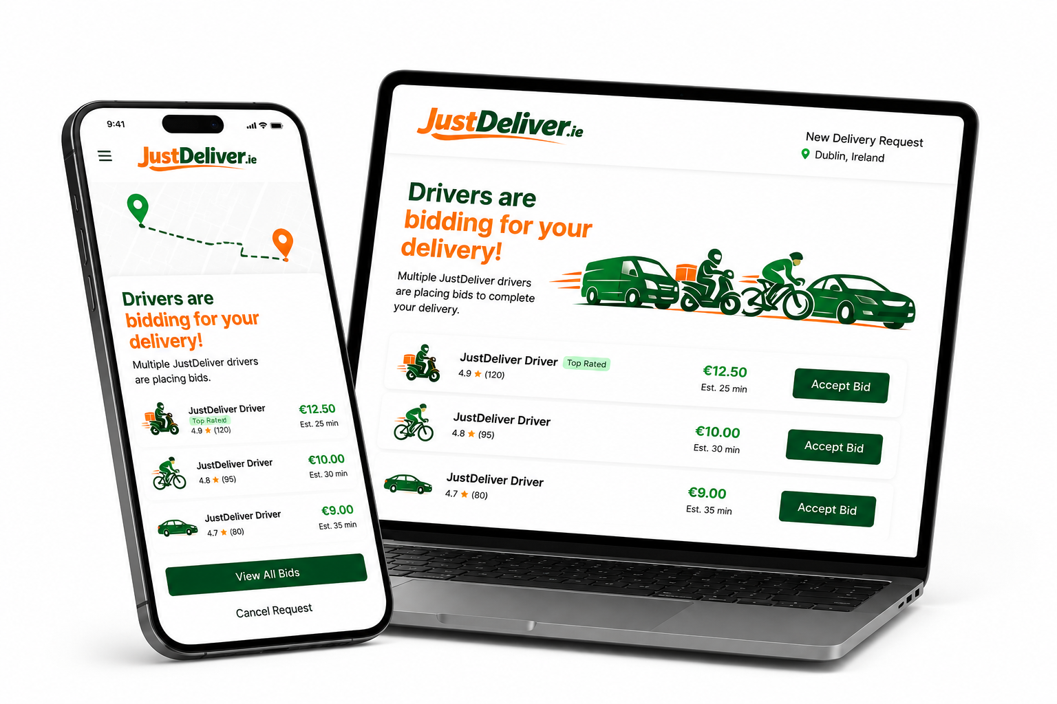 JustDeliver app on phone and laptop — drivers bidding for a delivery