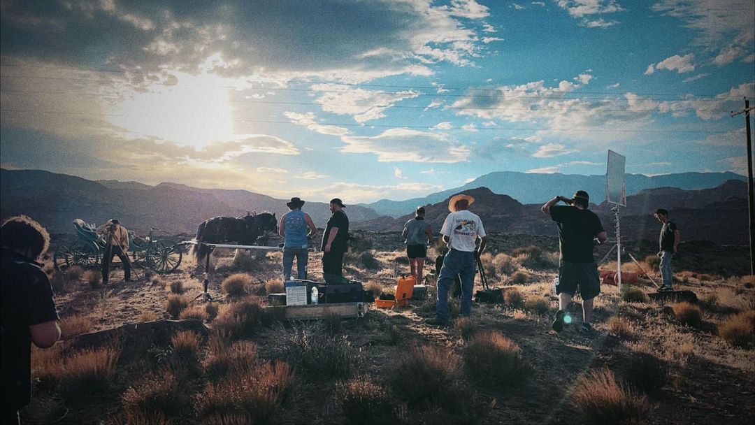 Film crew on location in the desert