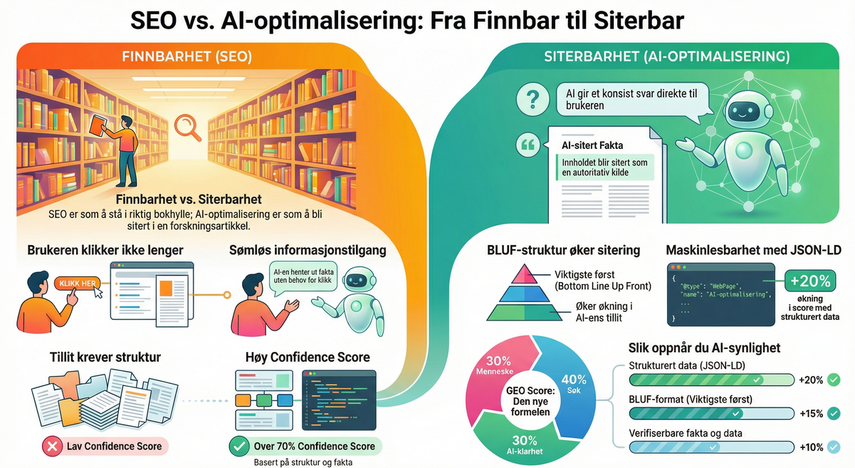 SEO vs. AI-optimalisering: Fra Finnbar til Siterbar - Norsk infografikk som viser overgangen fra finnbarhet til siterbarhet med 3LA Score-formelen