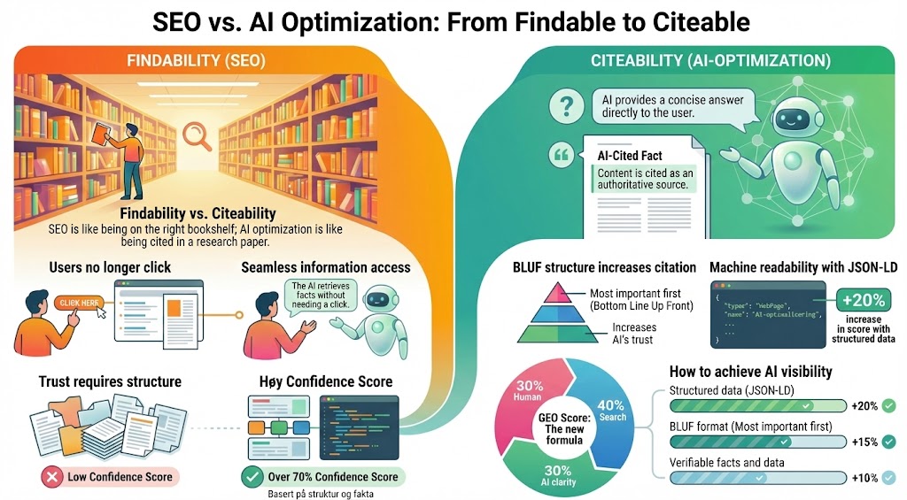 SEO vs. AI Optimization: From Findable to Citeable - English infographic showing the shift from findability to citeability with 3LA Score formula