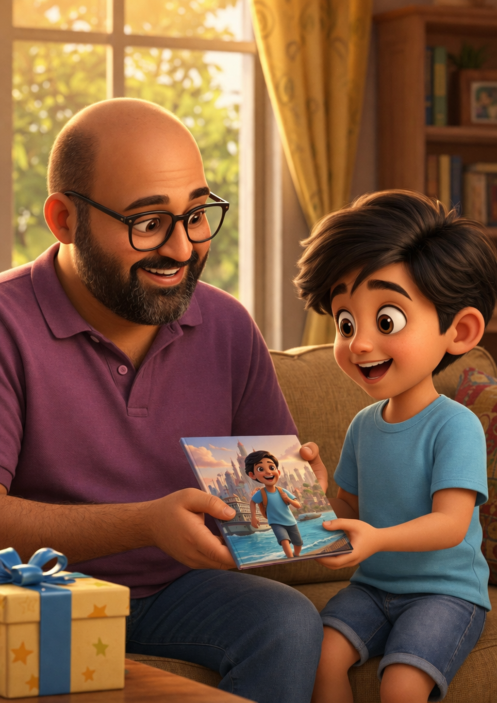 Father and son enjoying a printed storybook together