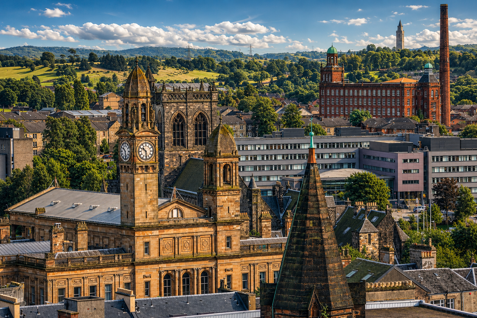 Paisley skyline — Paisley Abbey, Anchor Mills and the Renfrewshire hills