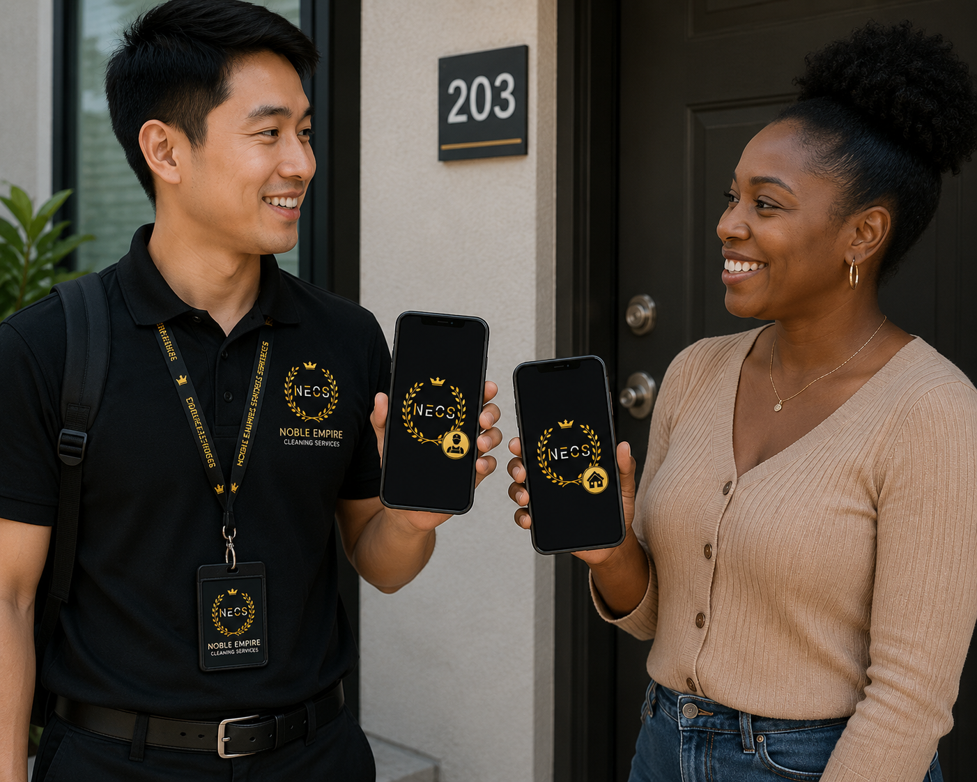 NECS team member greeting a resident at door 203 — both holding phones with the NECS Staff and Resident apps