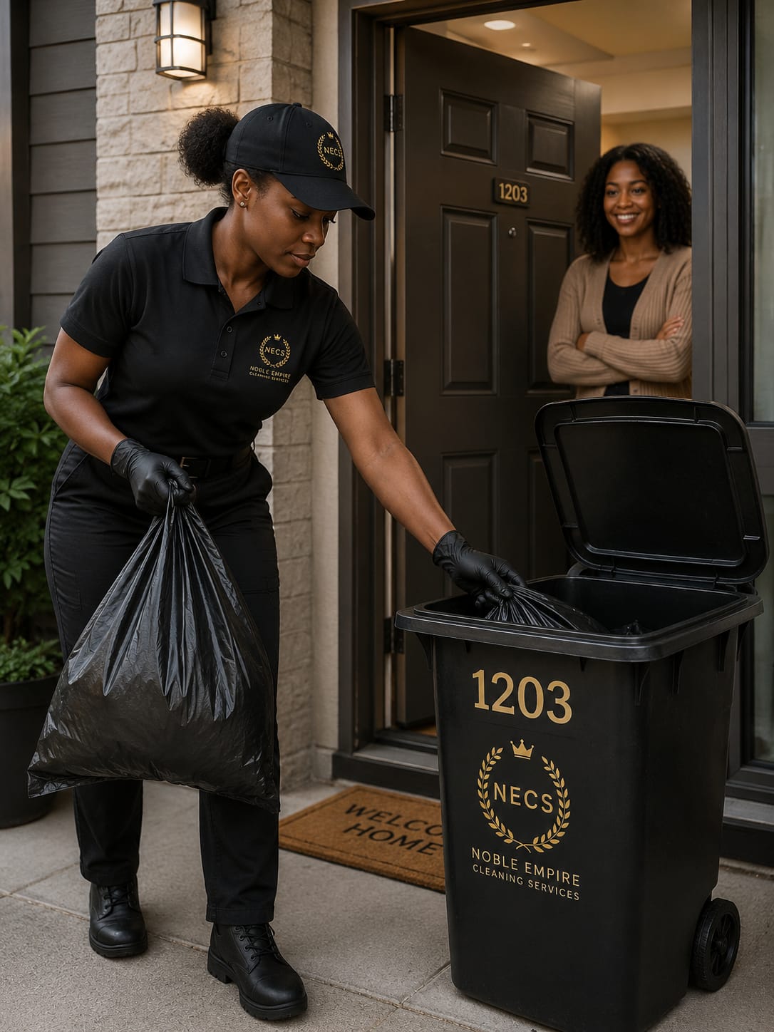 NECS employee performing nightly valet trash and recycling collection at a resident's door with the resident smiling in the doorway
