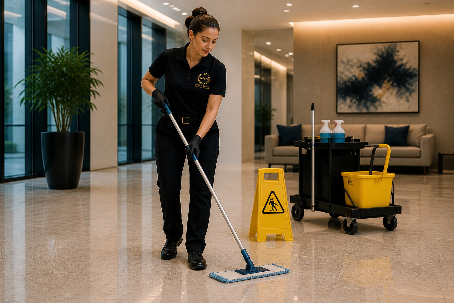 Noble Empire crew mopping a polished commercial lobby floor