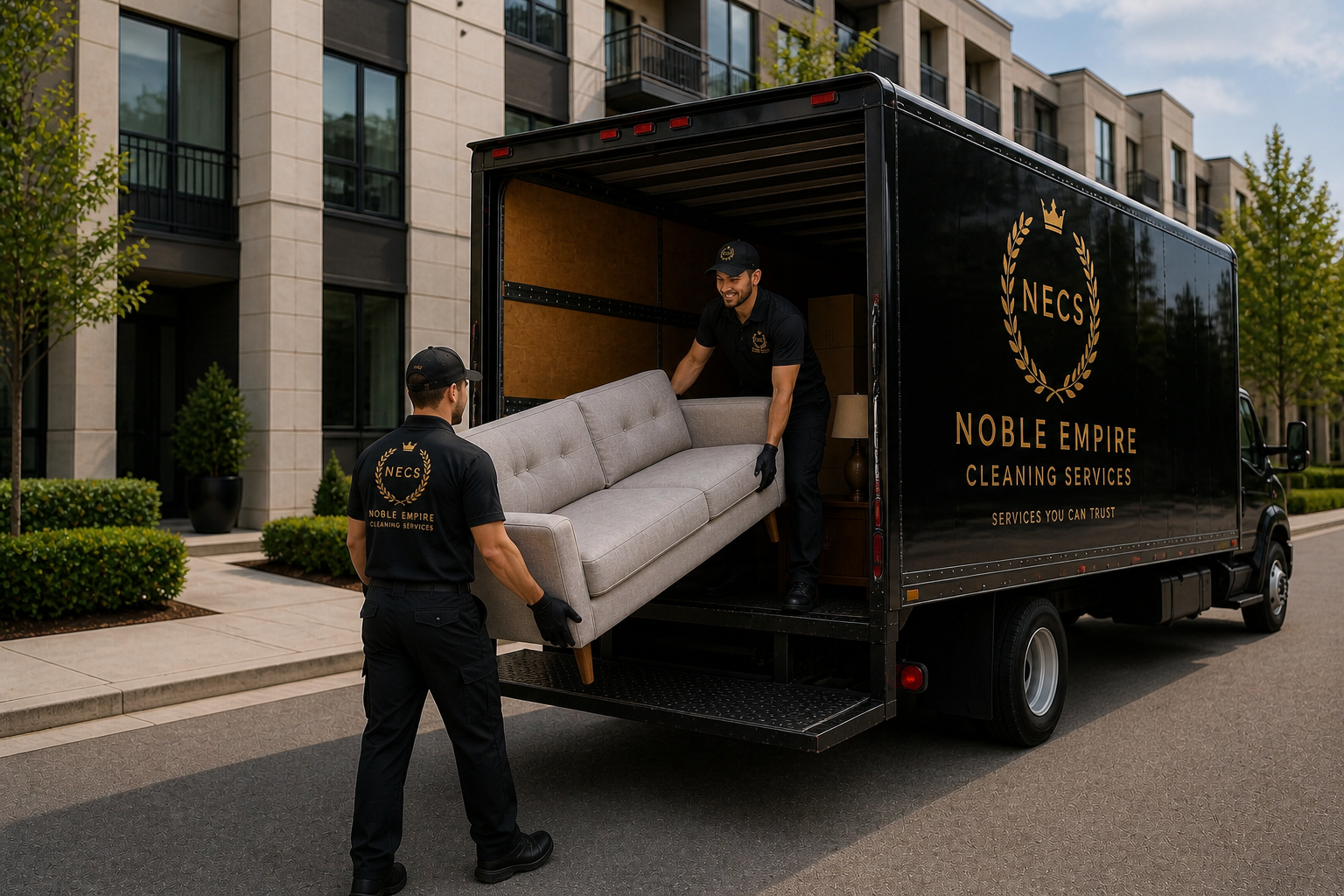 Noble Empire crew loading a sofa into a branded box truck