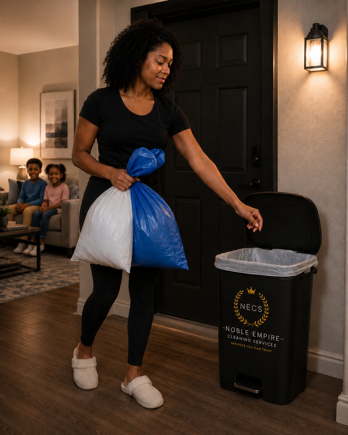 Resident placing a tied trash bag into her NECS-branded bin at home — kids in living room behind her