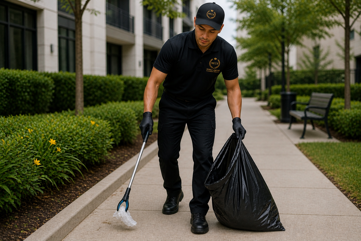 Noble Empire technician picking up loose trash along a property walkway