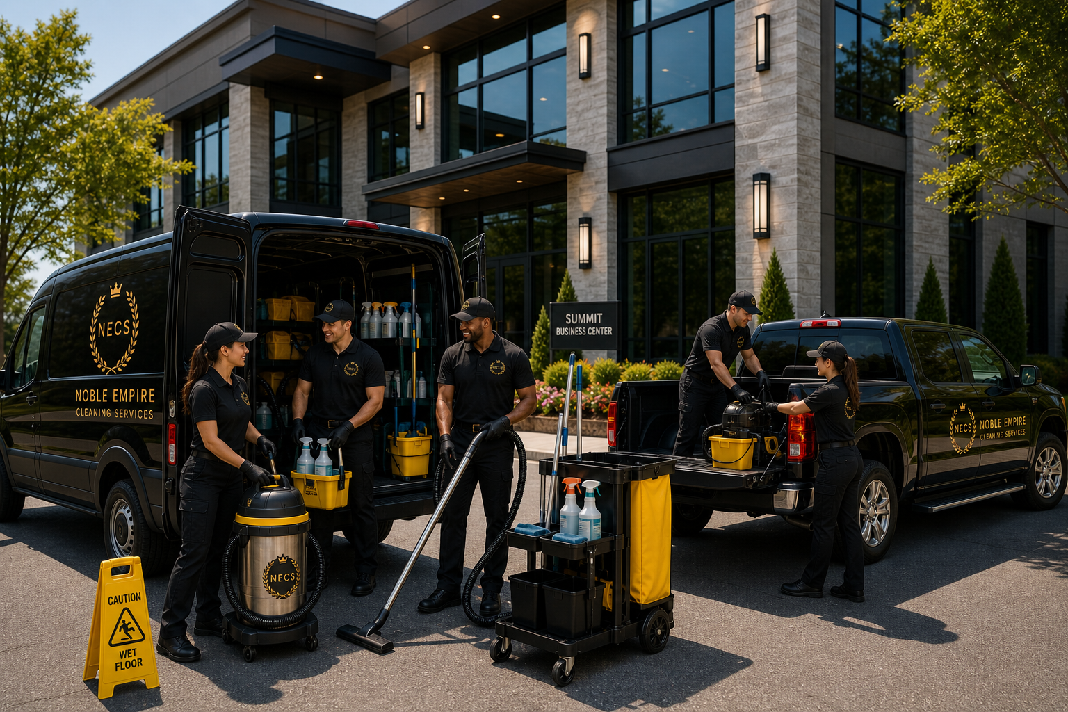 Noble Empire crew at a commercial property — branded van, pickup truck, vacuum, cleaning cart and full team