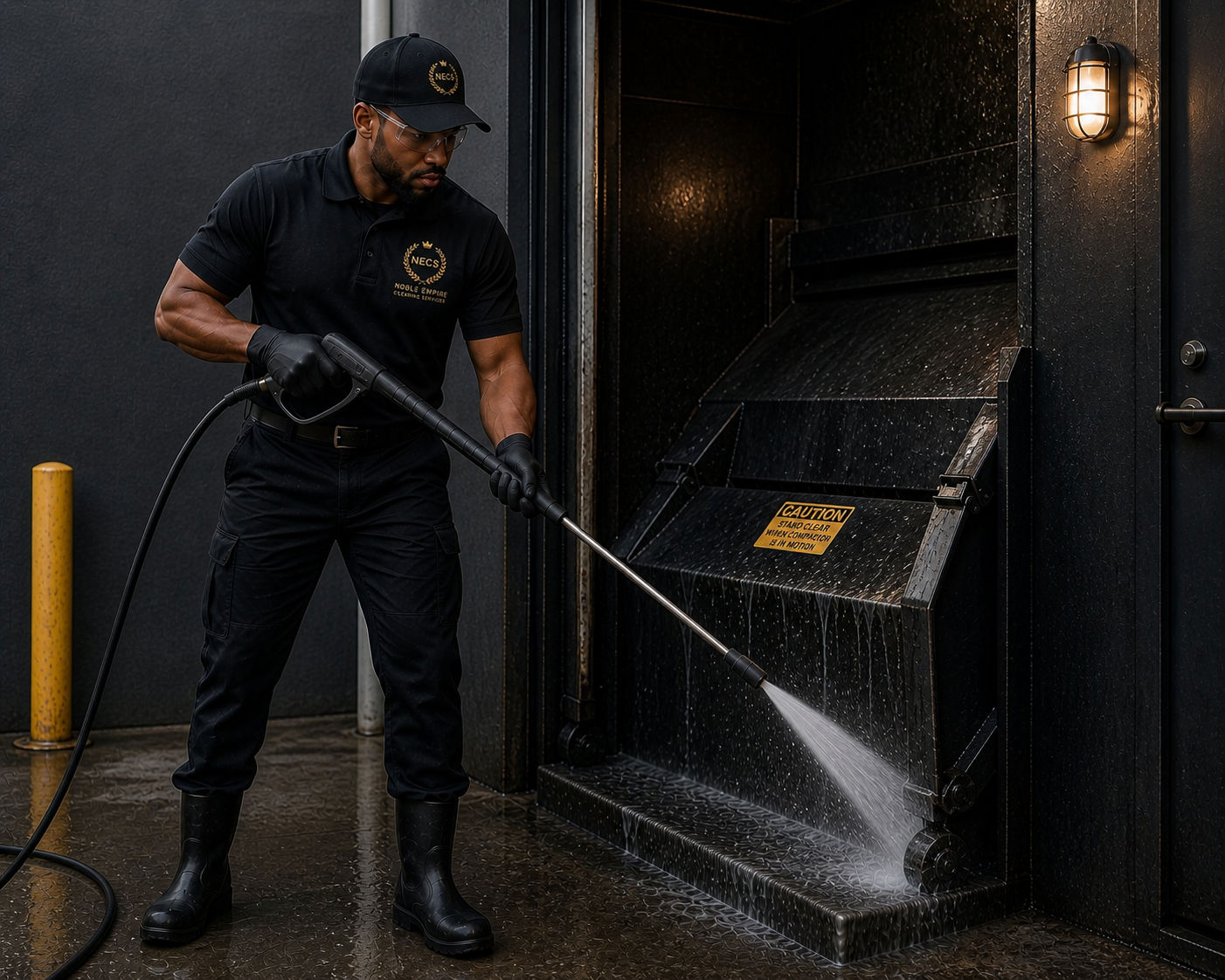 Noble Empire agent pressure-washing and sanitizing a dumpster with non-toxic products
