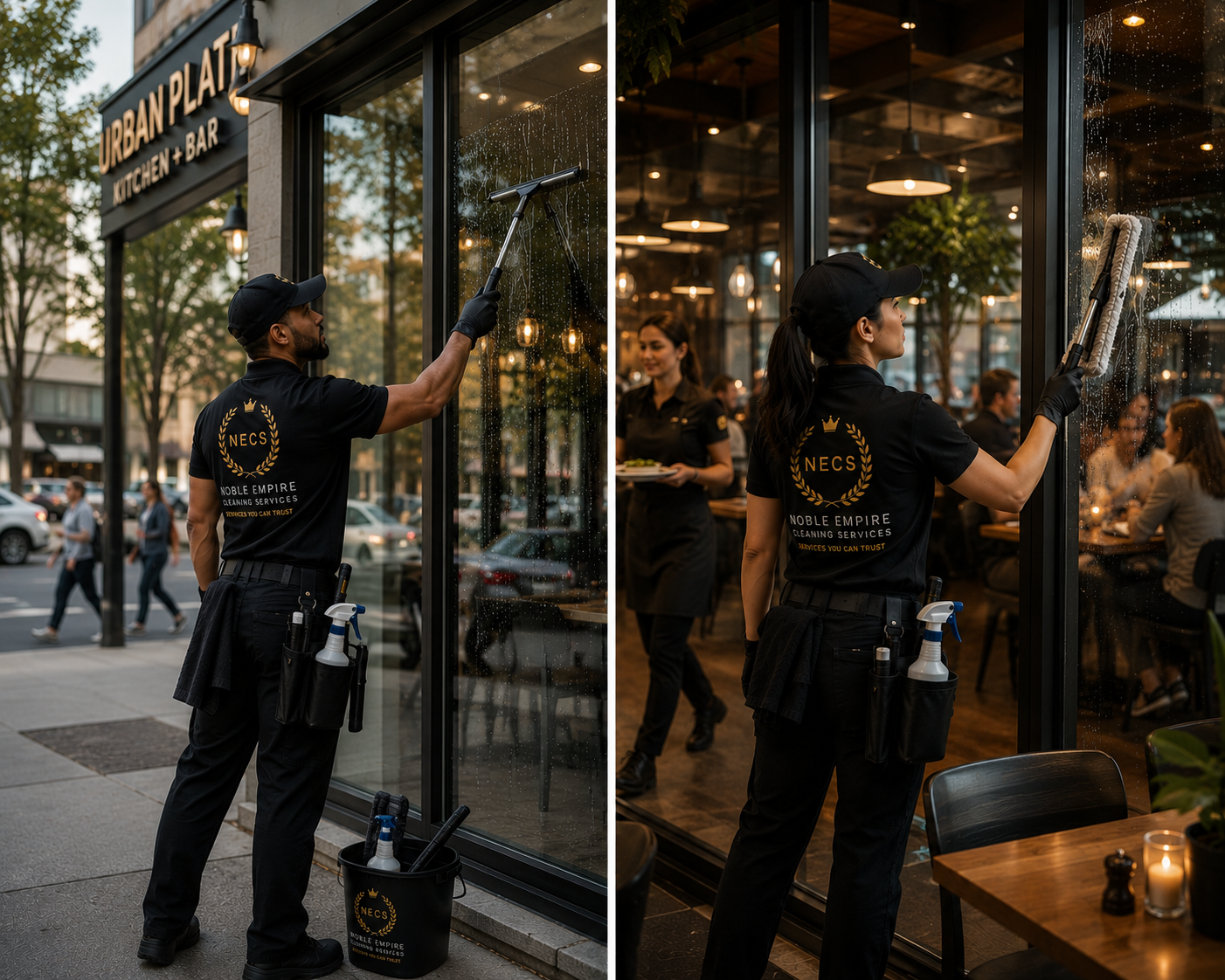 NECS crew squeegeeing storefront and interior windows at a Dallas restaurant