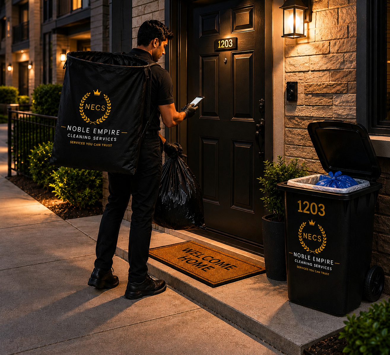 Noble Empire NECS employee performing nightly valet trash and recycling collection at a resident's door