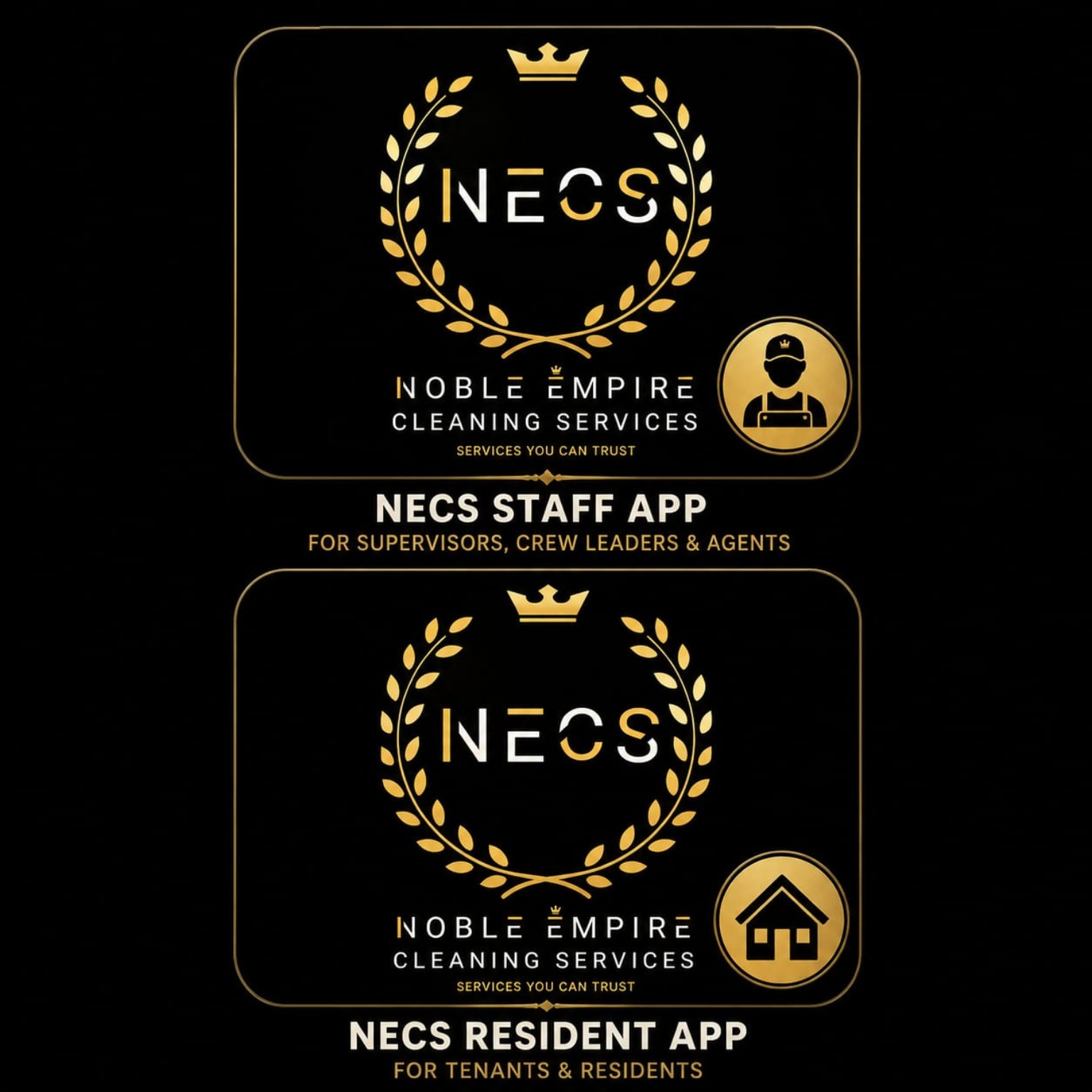 NECS Staff App and NECS Resident App brand identity poster — Noble Empire Cleaning Services laurel logo stacked over the two app titles