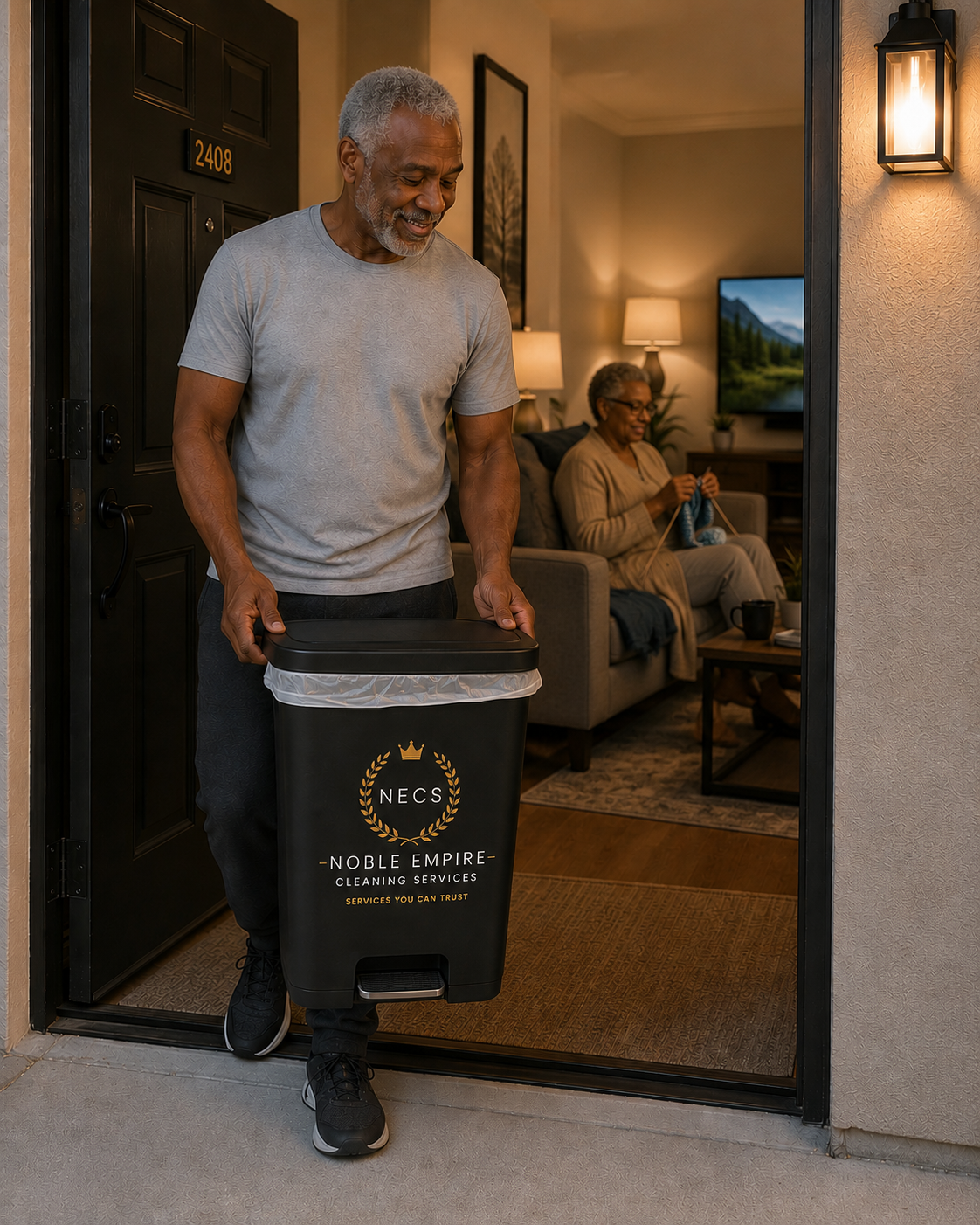 Smiling senior resident bringing his NECS-branded trash bin out of his apartment — wife knitting on the couch behind him