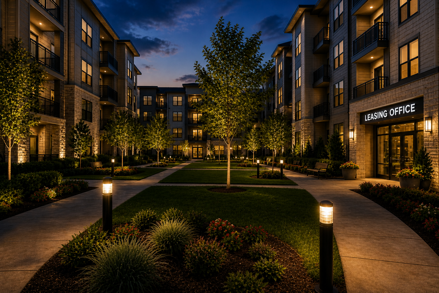 Noble Empire serviced apartment community at dusk — manicured gardens, lit walkways, leasing office