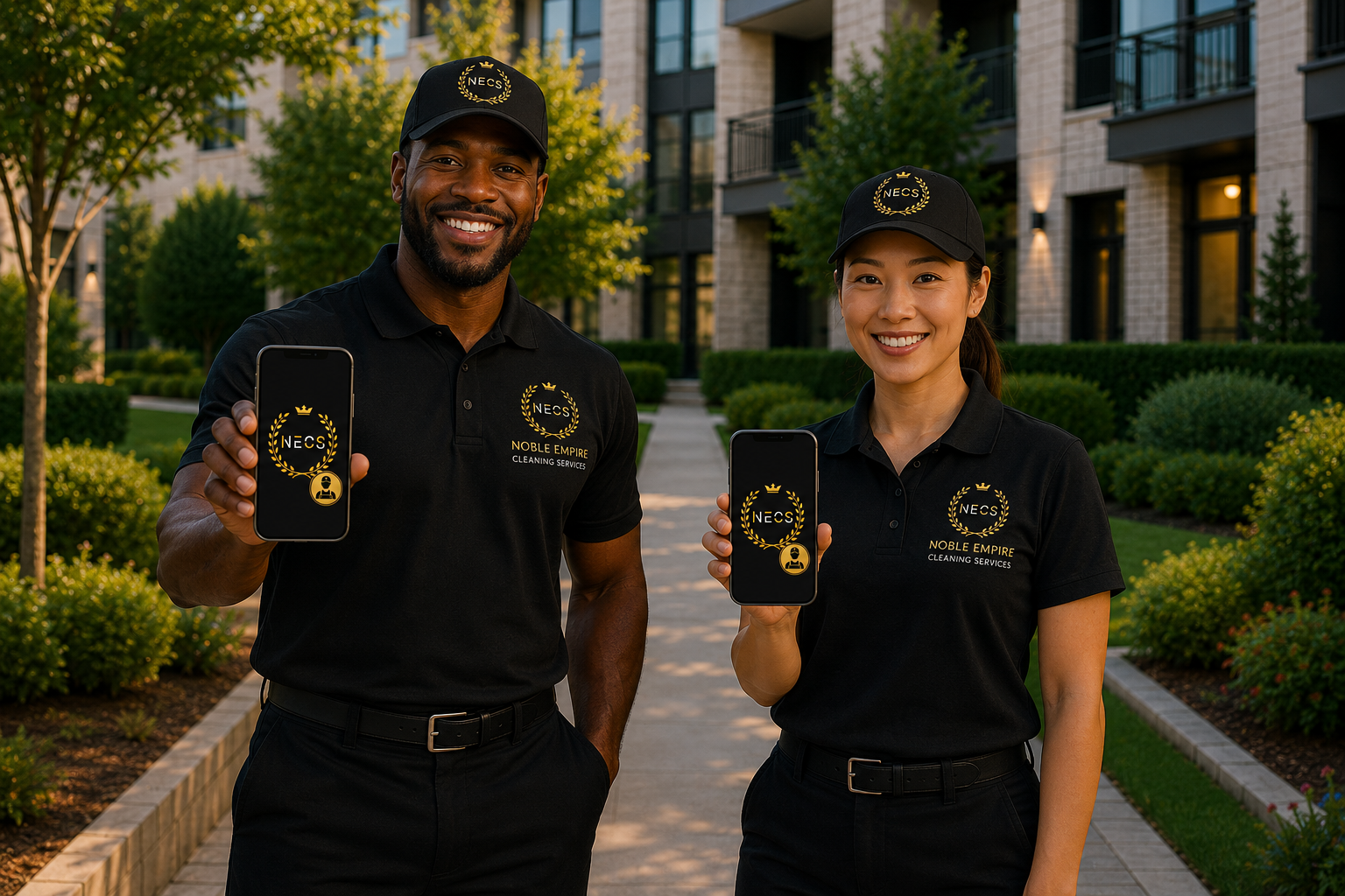 Two NECS team members in branded polos and caps holding phones showing the NECS Staff App