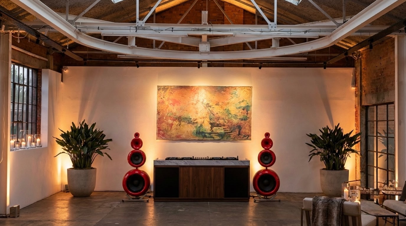 Warehouse venue with Pequod Acoustics Vesper speakers and DJ setup