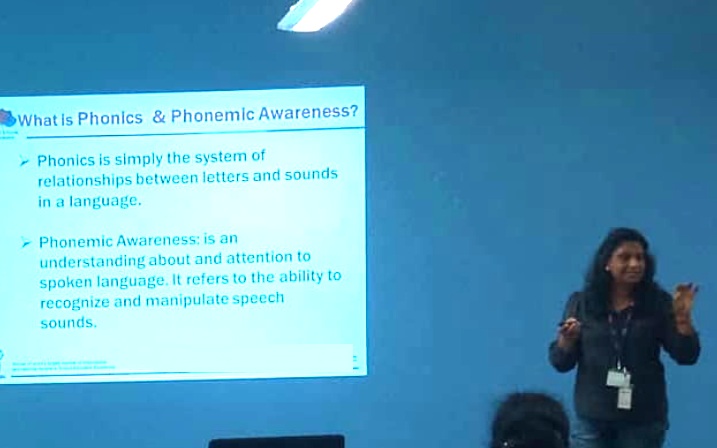 Kalah delivering a keynote on Phonics & Phonemic Awareness to fellow educators