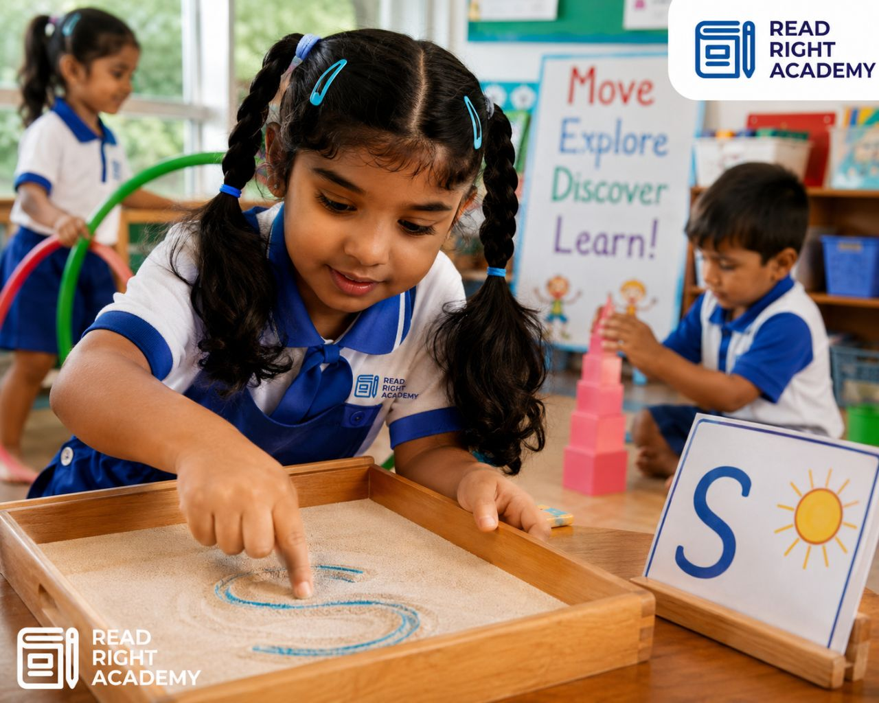A child tracing the letter "s" in a Montessori sand tray while peers explore movement-based learning in the background.