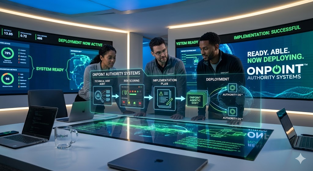 OnPoint Authority Systems Command Center Alpha showcasing the 4-step Agentic Shift workflow: Audit, Score, Plan, and Deploy.