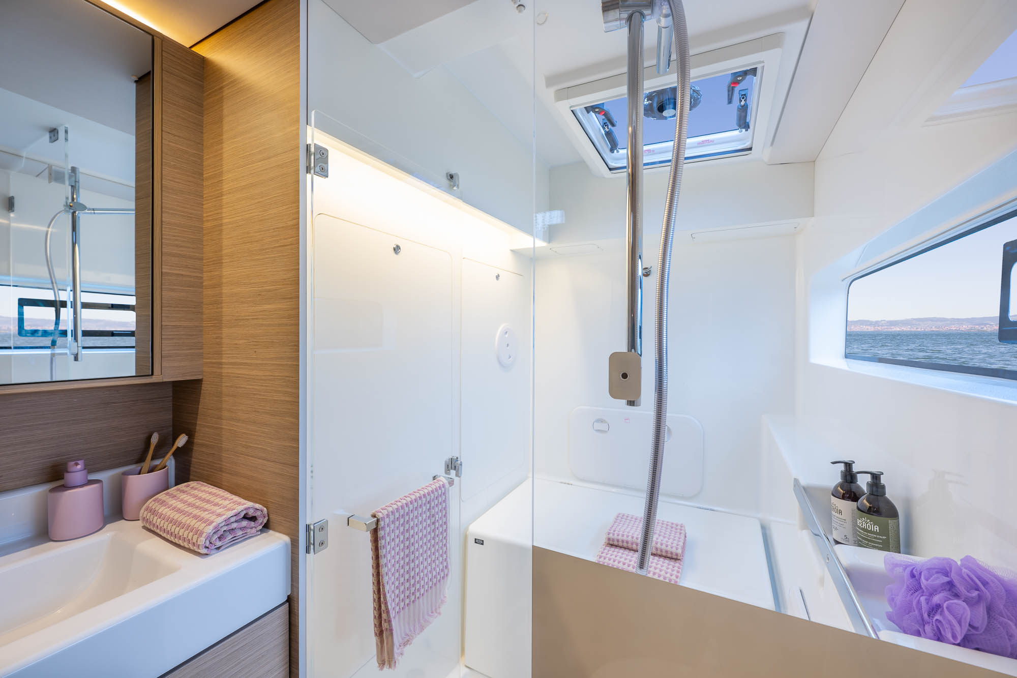 Salle d'eau privative avec douche et WC — catamaran Lagoon